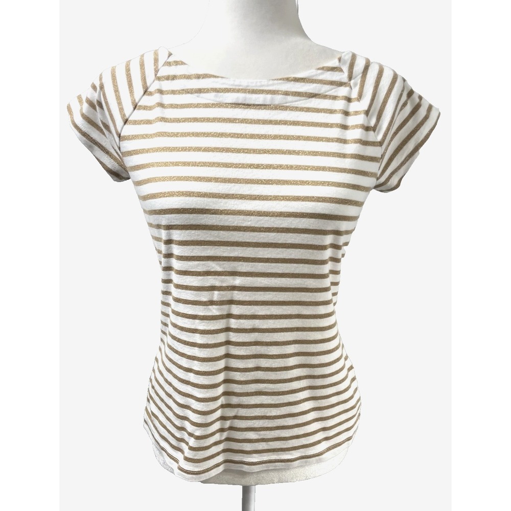 VTG Lauren Ralph Lauren Women's PL Gold Metallic White Striped Short Sleeve‎ Top